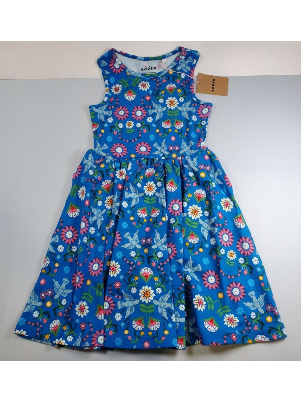 Boden Twirly Jersey Dress Girls Size 6 - 7 Y NWT Kingfisher Blue Bird Floral